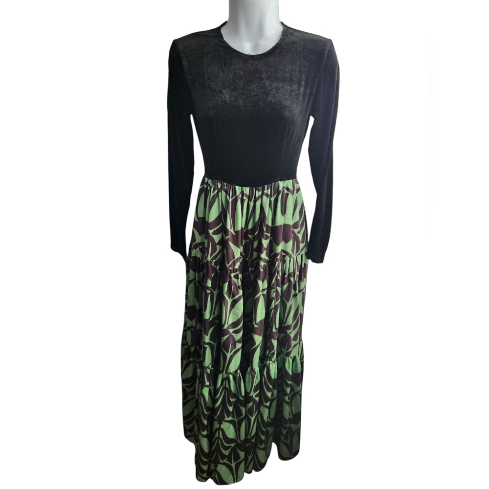 La DoubleJ Green Black Printed Velvet Long Sleeve Midi Dress Size XS